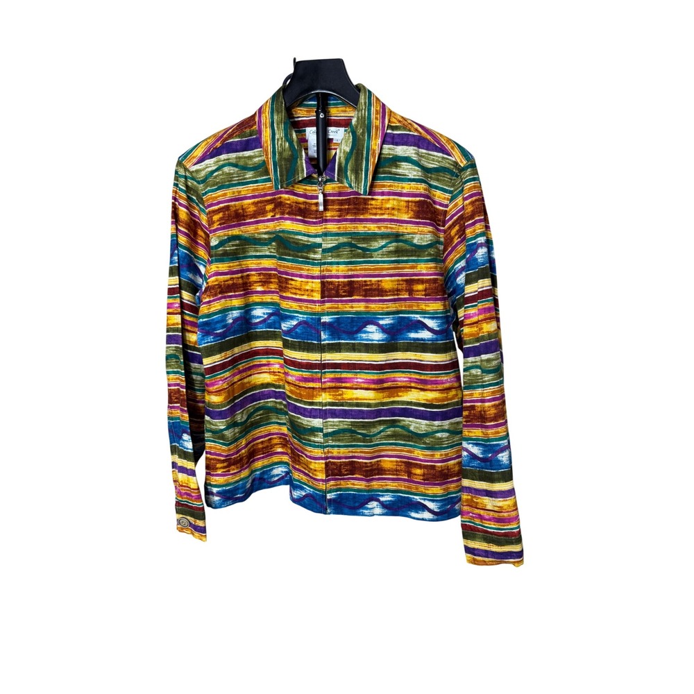 Coldwater Creek Womens Large Zip Up Jacket Multi Color Stripe Cotton Art to Wear